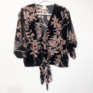 By Together Floral Velvet Sheer Blouse V-Neck Front Tie Women Size L Black Brown